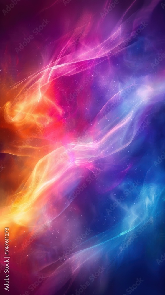 Blurred colorful abstract background featuring vibrant gradients of purple, pink, and blue with the addition of swirling smoke and glowing light elements.