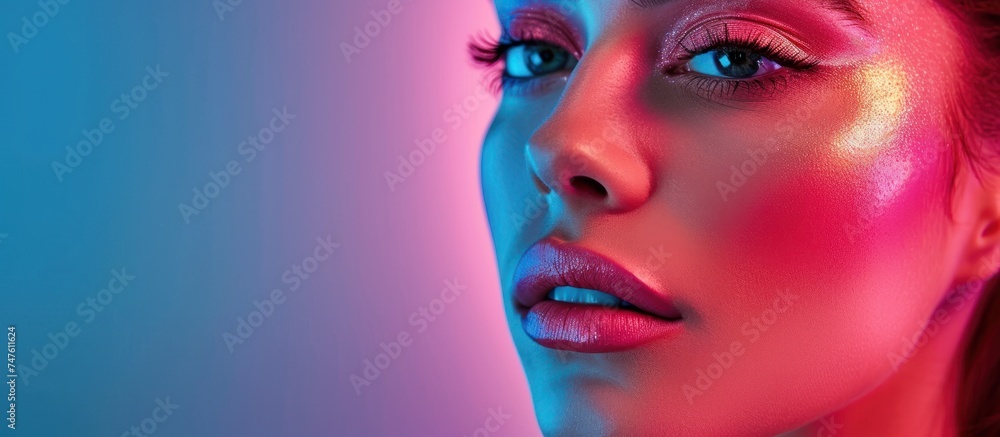 Closeup of a woman with striking blue eyes and pink makeup, showcasing a fashion editorial concept.