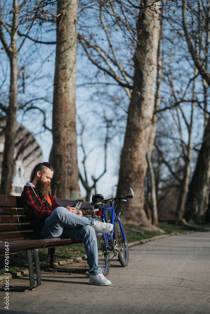 Bearded businessman in casual attire using a tablet outdoors, with a bicycle and helmet on a sunny day in an urban park area. Bearded businessman in casual attire using a tablet outdoors, with a bicycle and helmet on a sunny day in an urban park area.