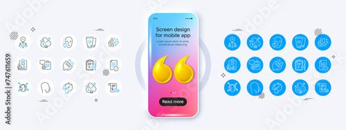 World vaccination, Sunscreen and Face protection line icons. Phone mockup with 3d quotation icon. Pack of Cholecalciferol, Medical prescription, Ethics icon. Vector