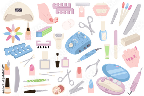 Manicure tools salon accessories and equipment for nails care flat. Cartoon professional hand nail care tools, stylish icons of hand nails polish and pedicure treatment, manicure top view.
