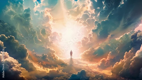 Spirit entering the gates of heaven as a silhouette surrounded by swirling clouds photo