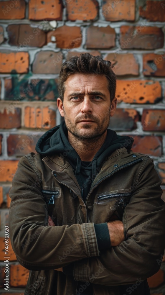 A serious man stands confidently in front of a textured brick wall. A serious man stands confidently in front of a textured brick wall.