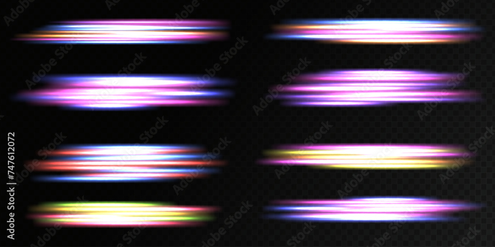 Futuristic neon light line trails. High speed effect motion blur night lights. Light everyday glowing effect. Abstract neon speed glowing wavy lines.