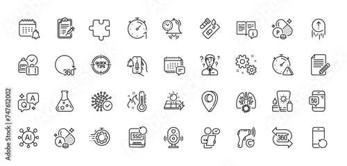 Covid test, Article and Support consultant line icons pack. AI, Question and Answer, Map pin icons. Vaccine announcement, 5g phone, Time management web icon. Vector