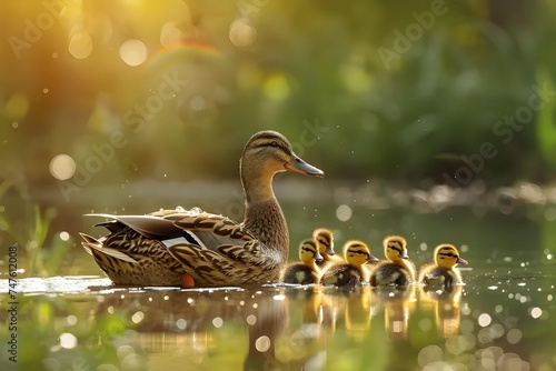 Experience the heartwarming sight of a mother duck gently guiding her ducklings across a serene pond, showcasing the nurturing essence of wildlife. 
