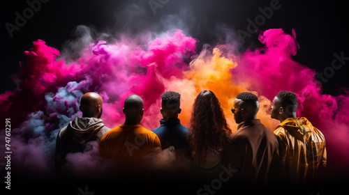 Group people on a background of colored smoke