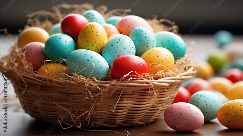 Colorful Easter eggs in basket on wooden background. Happy Easter!