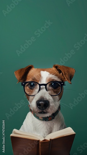 A dog wearing glasses is focused on reading a book against a green background.