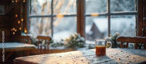 A cup of tea sits on an empty table in front of a winter window.