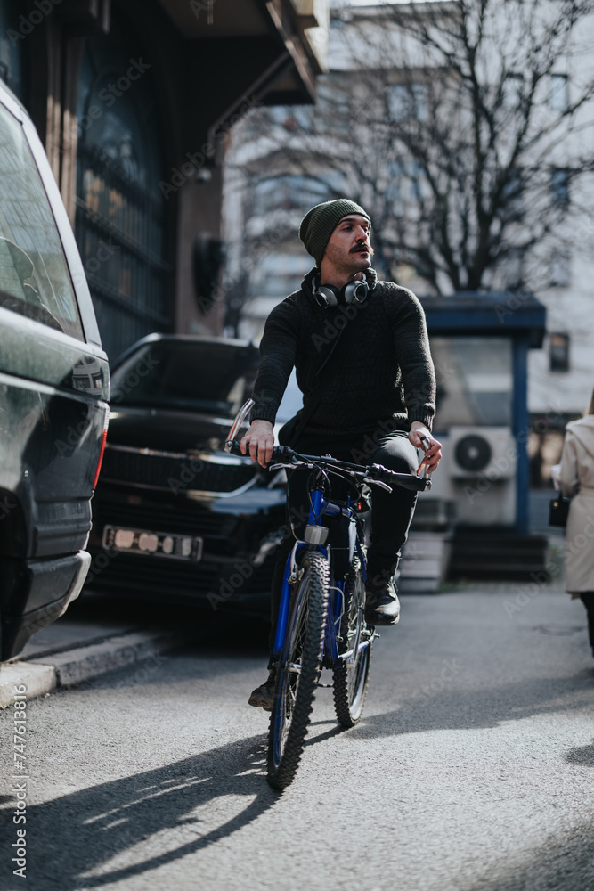 A man in casual wear and a beanie riding a mountain bike on an urban street, symbolizing active lifestyle and eco-friendly transportation. A man in casual wear and a beanie riding a mountain bike on an urban street, symbolizing active lifestyle and eco-friendly transportation.