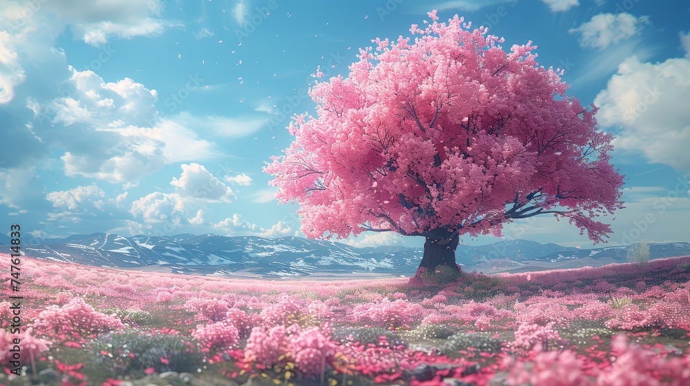 A lone large cherry tree in full bloom amidst a field of pink flowers under a blue sky.Digital art style. For book covers, posters, web backgrounds. Festival and cultural. With copy space. - obrazy, fototapety, plakaty 