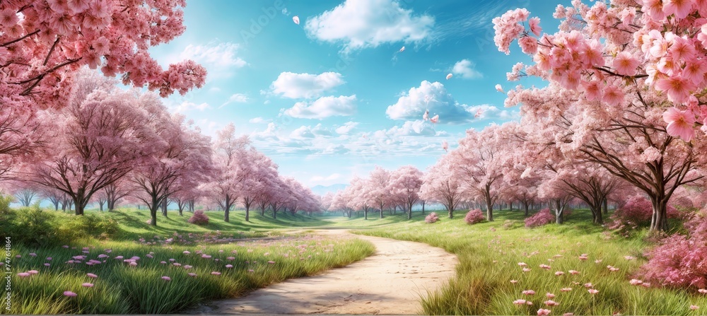 A bright landscape with cherry blossom trees, road and clear sky in the background. Digital art style. For book covers, posters, web backgrounds. Festival and cultural. A bright landscape with cherry blossom trees, road and clear sky in the background. Digital art style. For book covers, posters, web backgrounds. Festival and cultural.