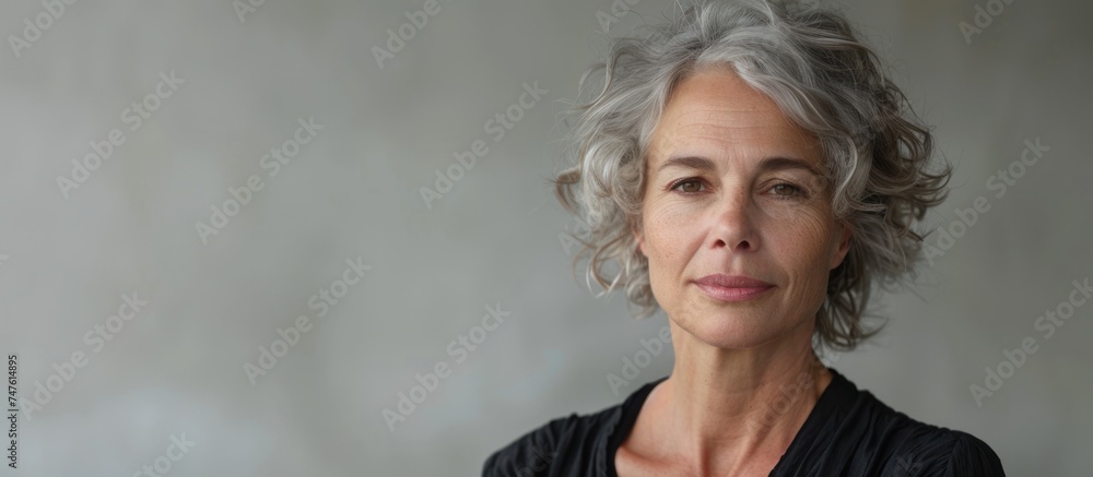 A portrait of a mature woman with grey hair wearing a black shirt, looking towards the right side of the frame.
