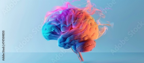 A vibrant human brain, filled with creativity, is displayed against a solid blue background.
