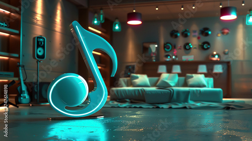 3D render of a conceptual speaker in the form of a music note, showcasing innovative design and audio technology, with a focus on futuristic aesthetics and ambient lighting
