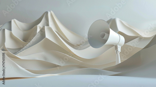3D rendering of a paper-cut style megaphone in a surreal, artistic landscape, with a focus on shadows and light, including a smooth area for advertising messages