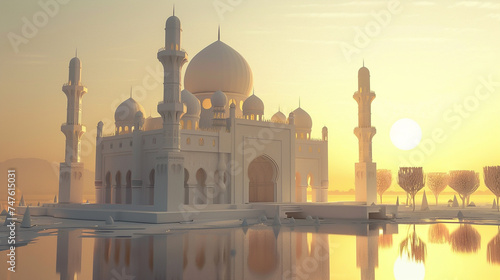 3D rendering of a mosque designed as if cut from paper, showcasing realistic textures and shadows, set in an ethereal landscape to capture the spiritual essence photo