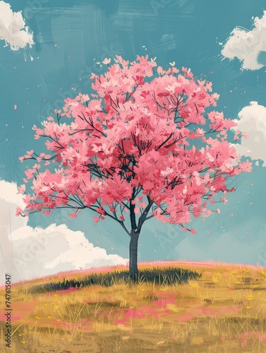 A lone cherry tree on a green hill against the sky and clouds. Panorama. Digital art. AI. Landspace. The serenity of nature and the beauty of spring. With copy space. Prints, wallpapers, book covers