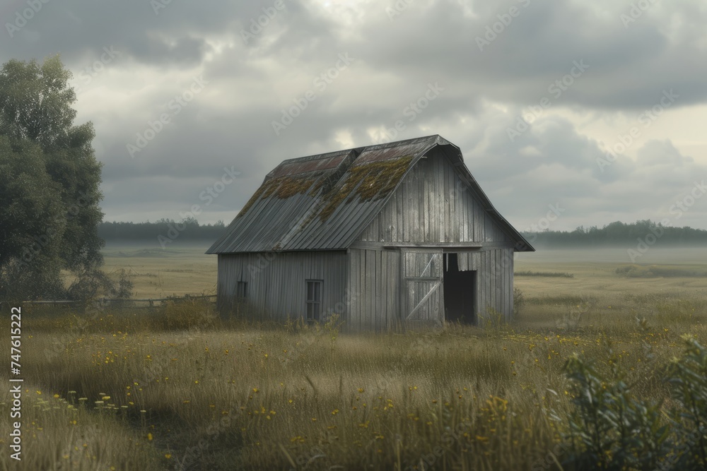 Barn in a Field With Trees and Clouds in the Background