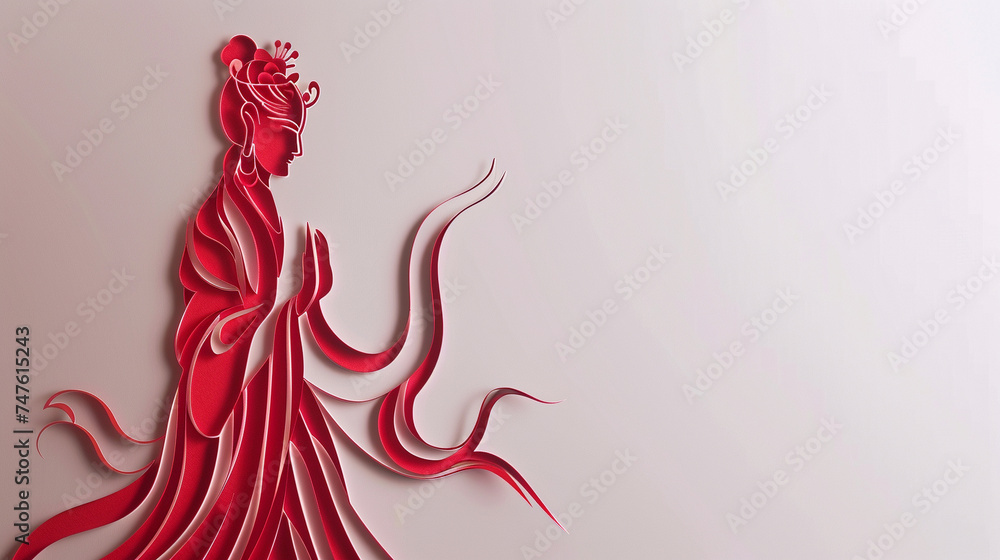 High-resolution photo of a minimalist paper cut art depicting a spiritual goddess, with clean lines and ample copy space on the right for text High-resolution photo of a minimalist paper cut art depicting a spiritual goddess, with clean lines and ample copy space on the right for text