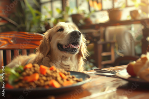 Dog Enjoying a Meal at the Dinner Table