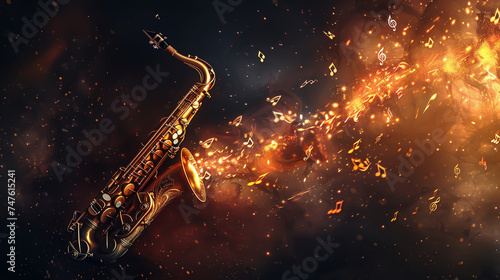 High-resolution photo of a saxophone with music notes flowing from the bell, symbolizing the beautiful sounds produced, set against a dark, moody background