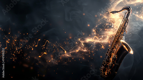 High-resolution photo of a saxophone with music notes flowing from the bell, symbolizing the beautiful sounds produced, set against a dark, moody background