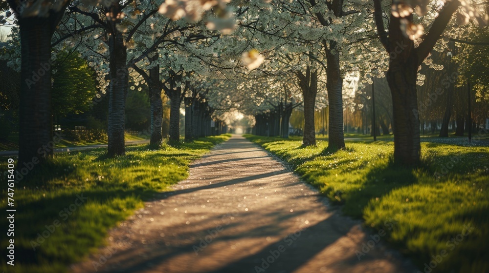 Naklejka premium Cherry blossoms in the park. Cherry blossom festival. The beauty of nature, tranquility, springtime. 