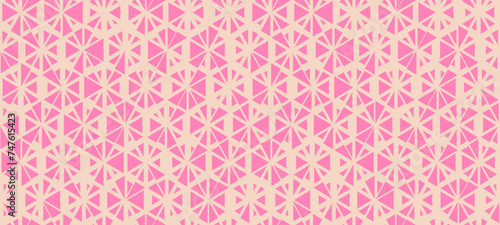 Funky hot pink vector seamless pattern with small randomly scattered triangles, floral shapes, hexagonal grid. Modern retro style texture. Stylish background with halftone effect. Repeated geo design