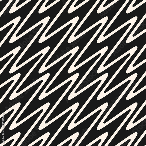 Simple monochrome zigzag lines seamless pattern. Vector texture with smooth diagonal zig zag, waves, curved stripes, chevron. Black and white abstract geometric background. Modern repeated geo design