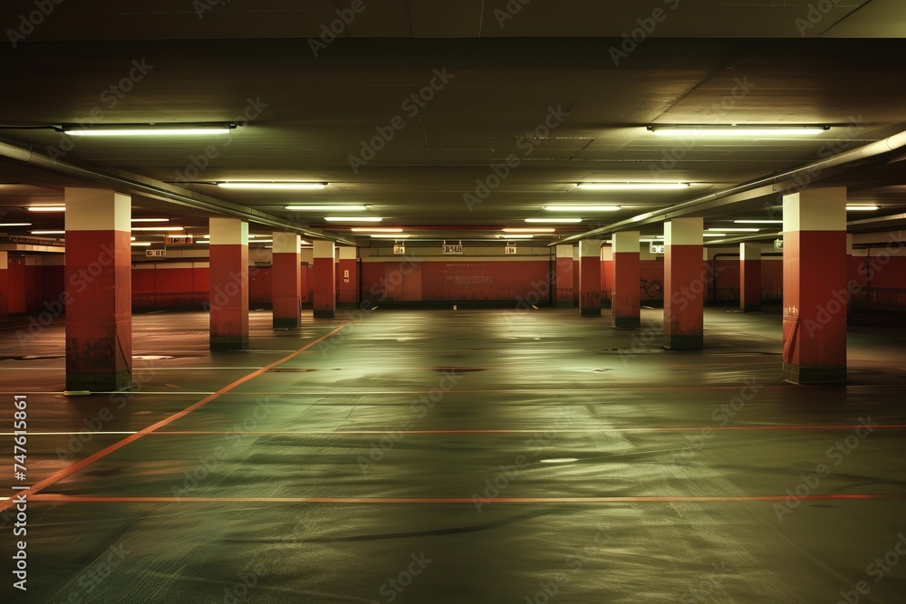 Empty Parking Garage With Red and White Pillars