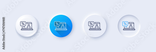 Online loan percent line icon. Neumorphic, Blue gradient, 3d pin buttons. Discount sign. Credit percentage symbol. Line icons. Neumorphic buttons with outline signs. Vector