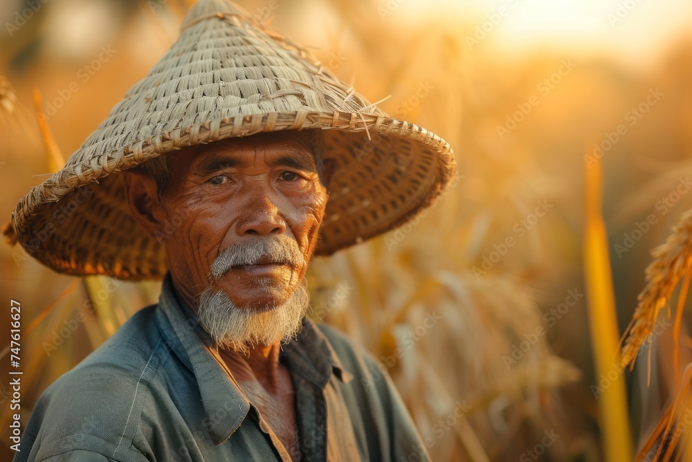 Fototapeta premium Man Wearing Straw Hat Standing in Field