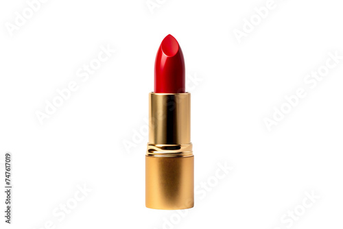 Isolated red color lipstick in a golden case on a transparen background, PNG. Make up a product show off. Copy space.