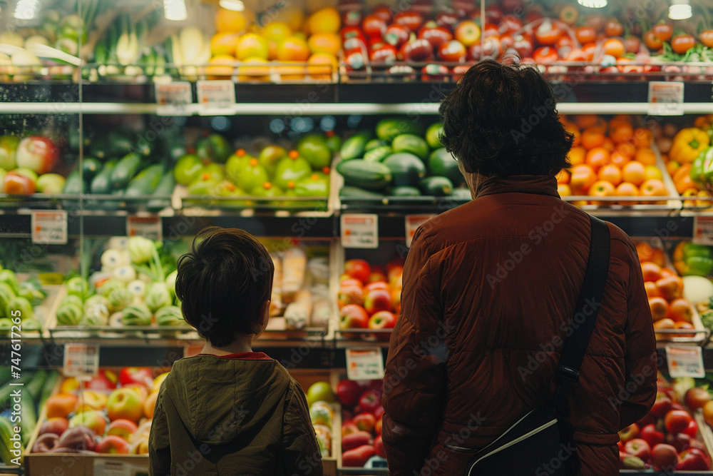 A poignant image of a parent and child navigating the aisles of a grocery store, the child eagerly learning about different fruits and vegetables while the parent instills the valu