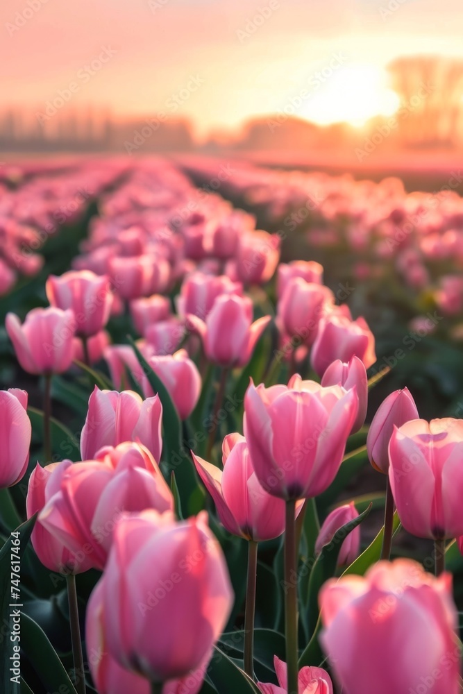Blooming Pink Tulips Bathing in the Warm Glow of Sunset at a Coastal Garden