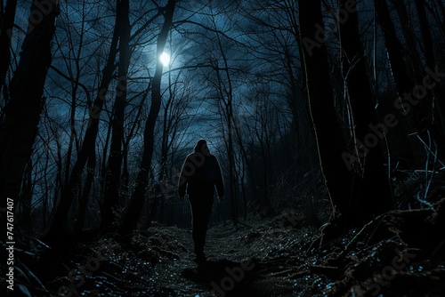 Person Walking Through Dark Forest at Night