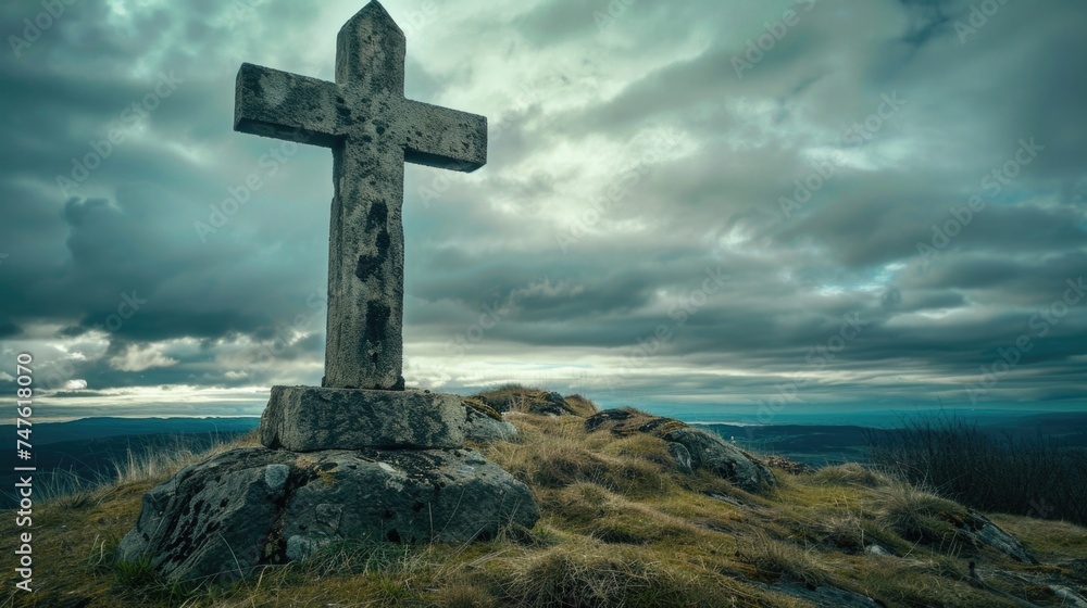 Large stone cross on top of a hill. AI generative.