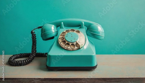 Mid-Century Nostalgia: Vibrant Teal Retro Rotary Dial Phone on Aqua Backdrop