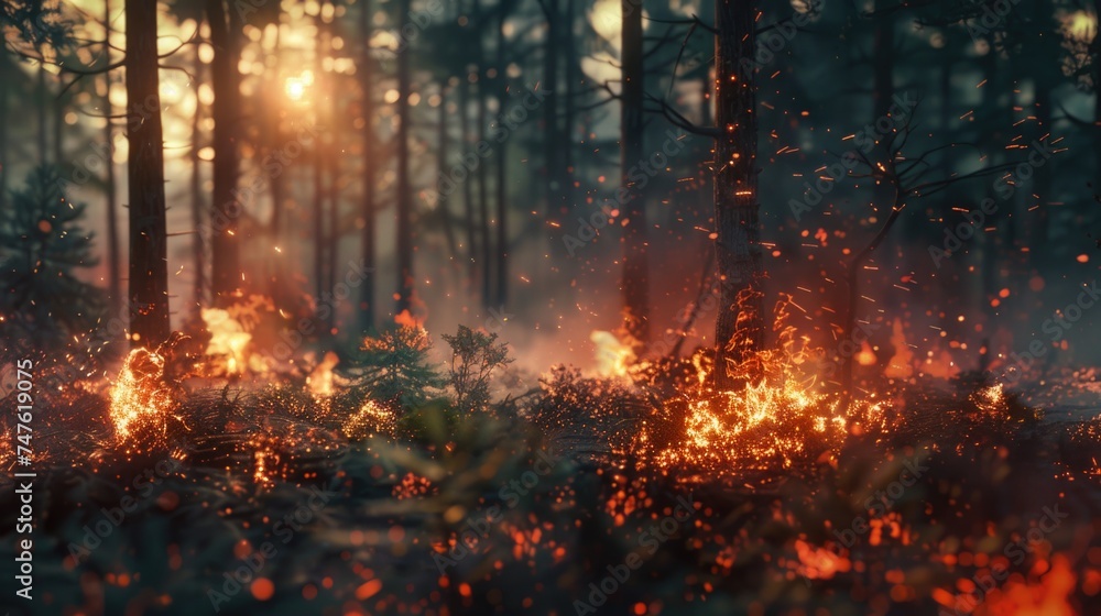 Fire in the forest. The fire burns the trees. Cinematic. AI generative. Fire in the forest. The fire burns the trees. Cinematic. AI generative.