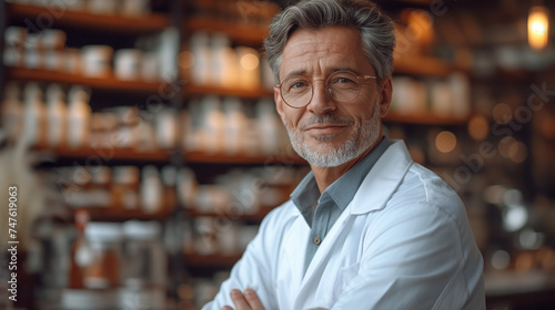 Expert pharmacist in a pharmacy store, uniquely offering a wide range of medications alongside specialized Asian herbs, emphasizing personalized medical consultations and integrated healthcare 