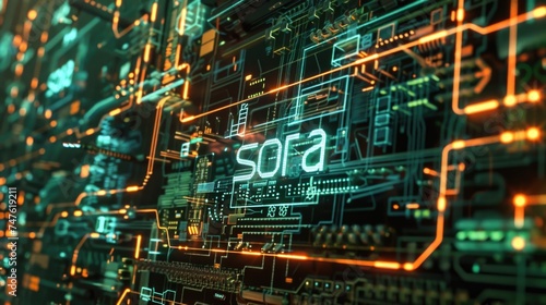 The inscription "sora" against a background of high-tech stylization. AI generative.
