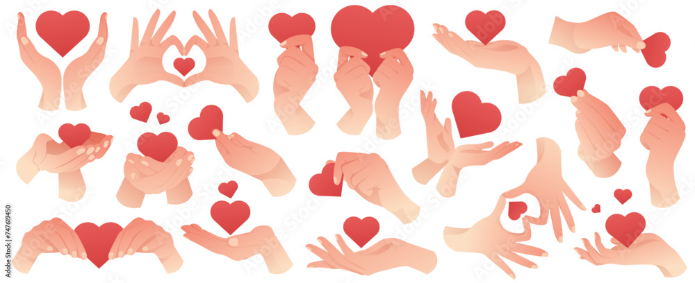Set of cartoon hands with hearts. Fingers hold heart. Human hands holding and giving red hearts. Valentine's Day, Kindness Day, love, support. Love symbols banner.