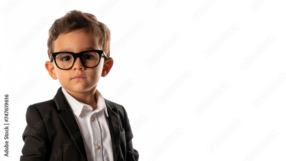 a studio portrait picture of little boy dressed up as a manager isolated on white background