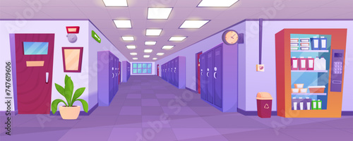 School hallway interior. University corridor interior design with classroom doors, lockers for students, vending machine with snacks. Education concept.