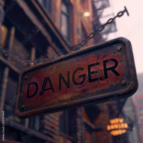 The inscription "DANGER" on a signboard. AI generative.