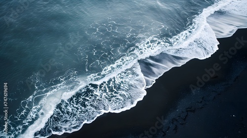 Black, volcanic beach, Aerial drone view of moody atlantic ocean wave on black sand beach in summer  © Ziyan