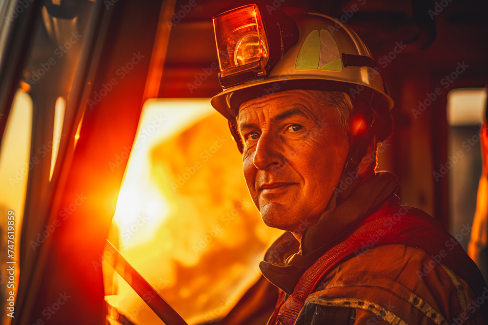 Portrait of firefighter entering fire truck. Looking to camera. Back light. Portrait of firefighter entering fire truck. Looking to camera. Back light.