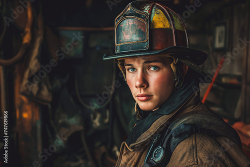 Portrait of firefighter at garage. He came from an intervention.